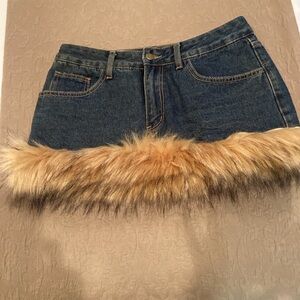 Denim Mini Skirt with Faux Fur Trim